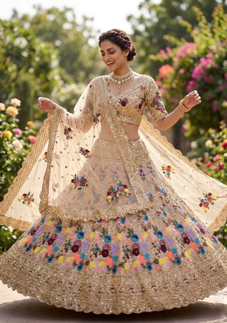Cream Georgette Lehenga Set with Embroidered for Diwali | Wedding & Festive Wear - Indya