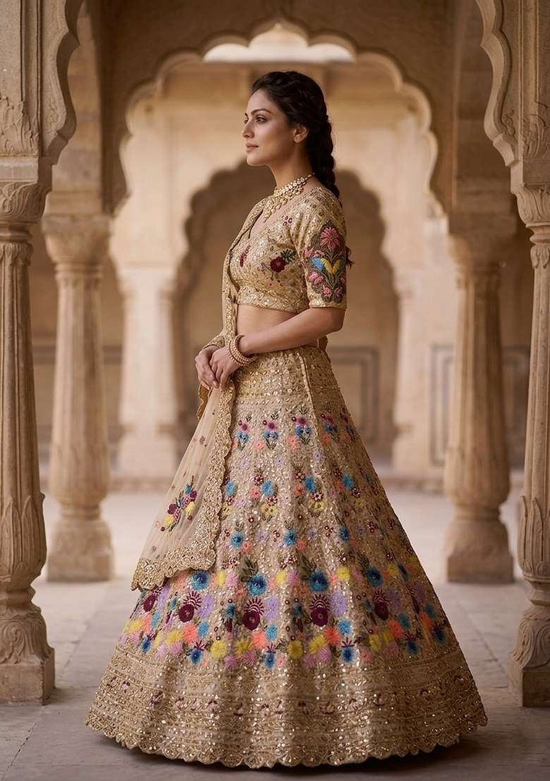 Cream Georgette Lehenga Set with Embroidered for Diwali | Wedding & Festive Wear - Indya