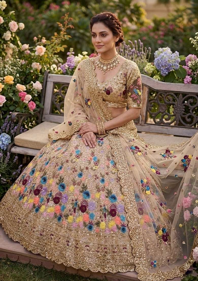 Cream Georgette Lehenga Set with Embroidered for Diwali | Wedding & Festive Wear - Indya