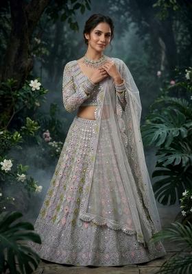 Grey Embroidered Net Lehenga Set