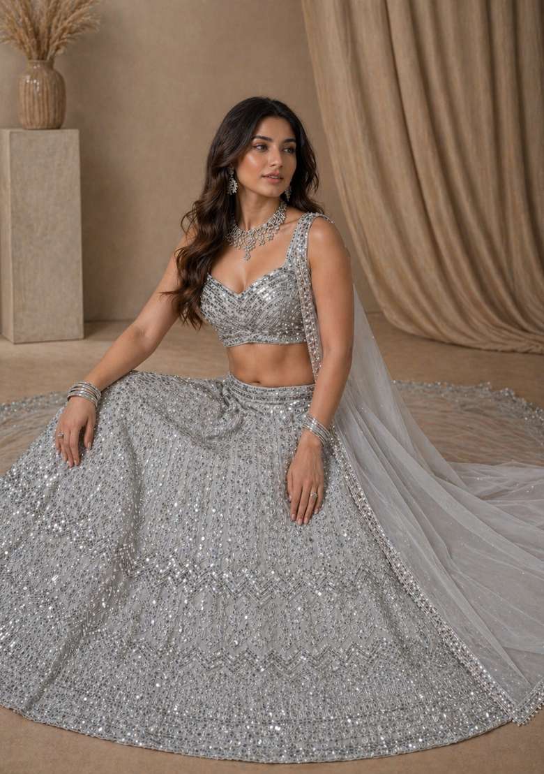Silver Embroidered Georgette Lehenga Set for Diwali and Festive Wear - Indya