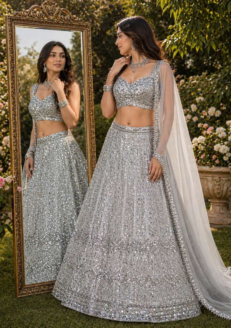 Silver Embroidered Georgette Lehenga Set for Diwali and Festive Wear - Indya
