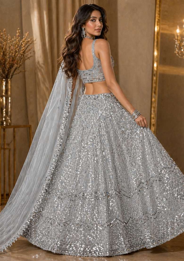 Silver Embroidered Georgette Lehenga Set for Diwali and Festive Wear - Indya