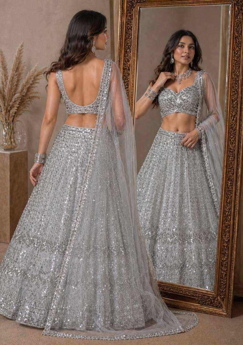 Silver Embroidered Georgette Lehenga Set for Diwali and Festive Wear - Indya