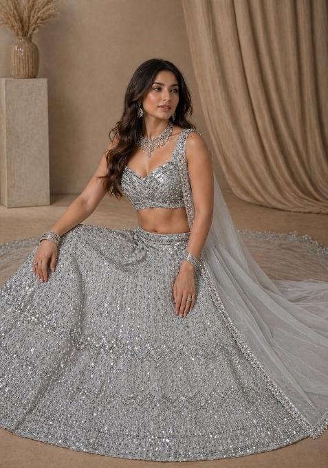Silver Embroidered Georgette Lehenga Set