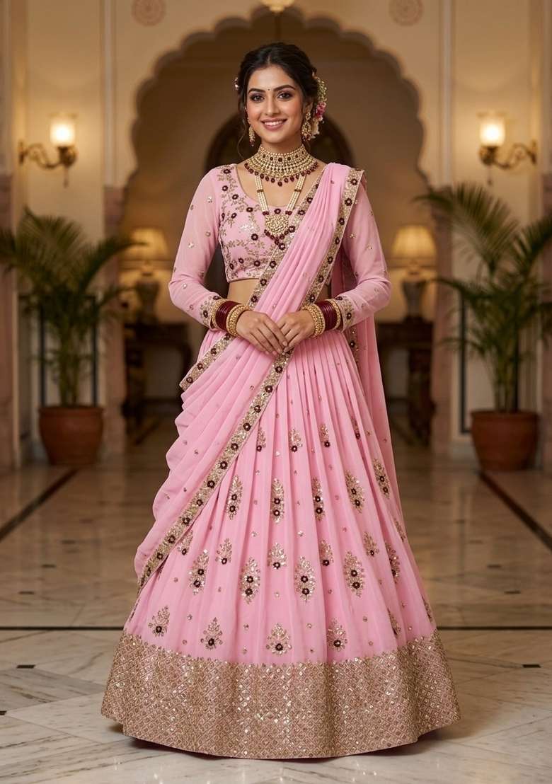 Baby Pink Georgette Lehenga Set with Embroidered for Diwali | Wedding & Festive Wear - Indya