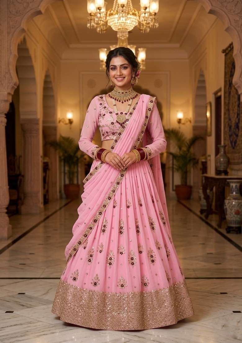 Baby Pink Georgette Lehenga Set with Embroidered for Diwali | Wedding & Festive Wear - Indya