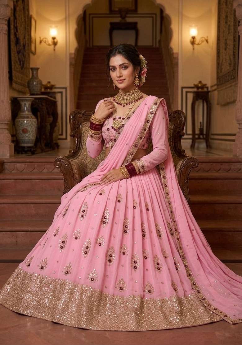 Baby Pink Georgette Lehenga Set with Embroidered for Diwali | Wedding & Festive Wear - Indya