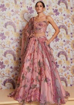 Peach Embroidered Silk Blend Lehenga Set