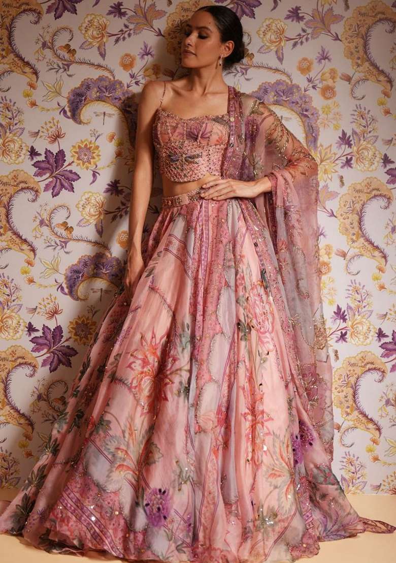 Peach Silk Blend Lehenga Set with Embroidered for Diwali | Wedding & Festive Wear - Indya