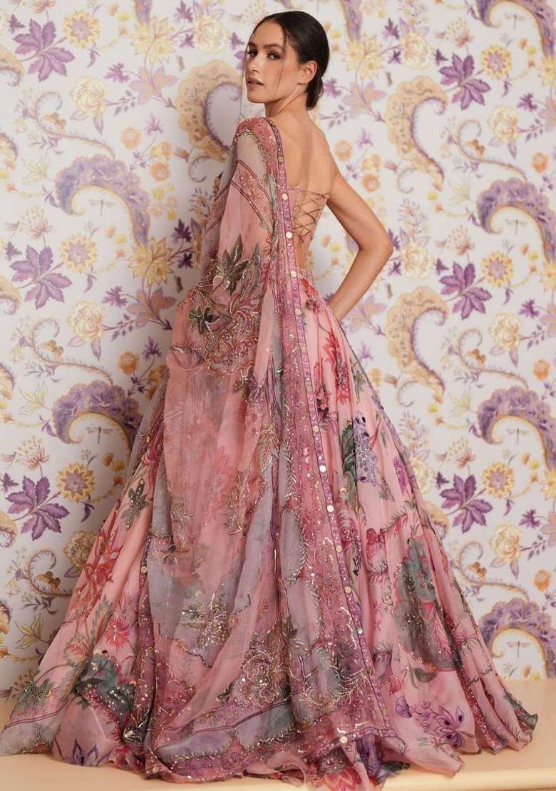 Peach Silk Blend Lehenga Set with Embroidered for Diwali | Wedding & Festive Wear - Indya