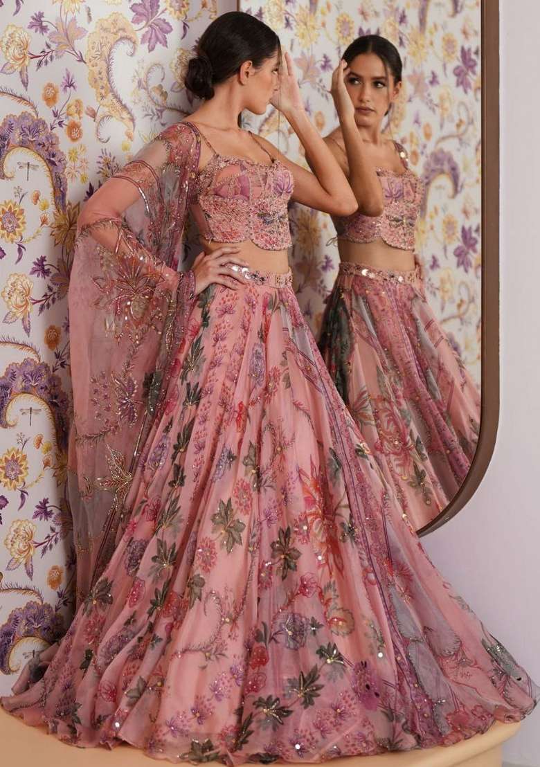 Peach Silk Blend Lehenga Set with Embroidered for Diwali | Wedding & Festive Wear - Indya