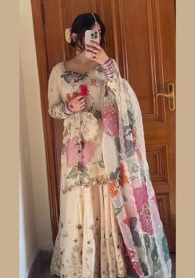 Off White Embroidered Chinon Lehenga Set