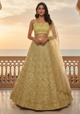 Yellow Embroidered Net Lehenga Set