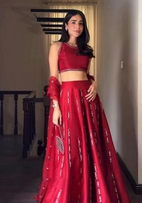 Red Embroidered Satin Lehenga Set