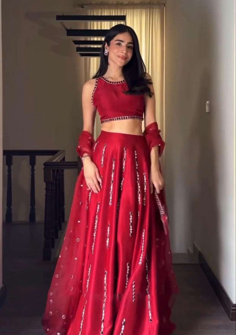 Red Embroidered Satin Lehenga Set for Diwali and Festive Wear - Indya
