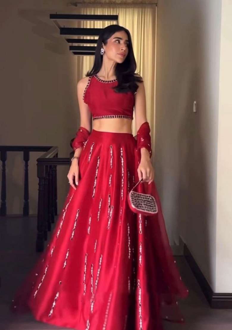 Red Embroidered Satin Lehenga Set for Diwali and Festive Wear - Indya