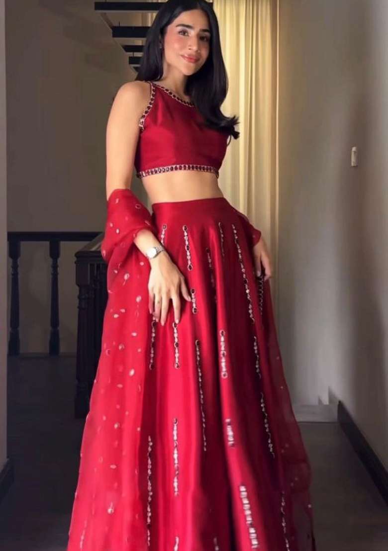 Red Embroidered Satin Lehenga Set for Diwali and Festive Wear - Indya