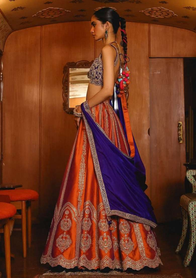 Orange Embroidered Silk Blend Lehenga Set - Indya