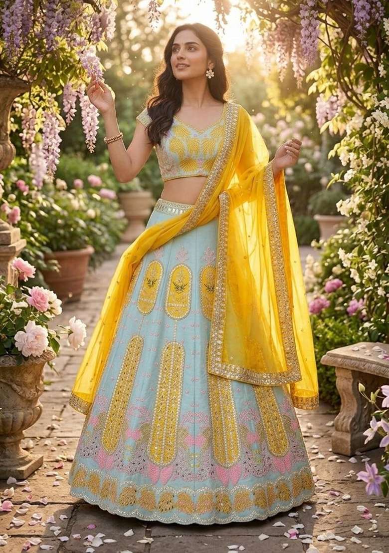 Yellow Embroidered Silk Blend Lehenga Set - Indya