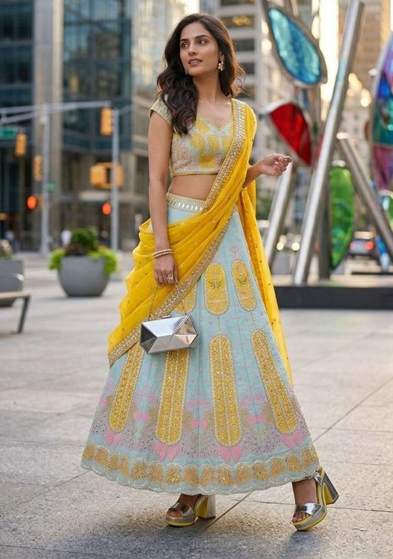 Yellow Embroidered Silk Blend Lehenga Set - Indya