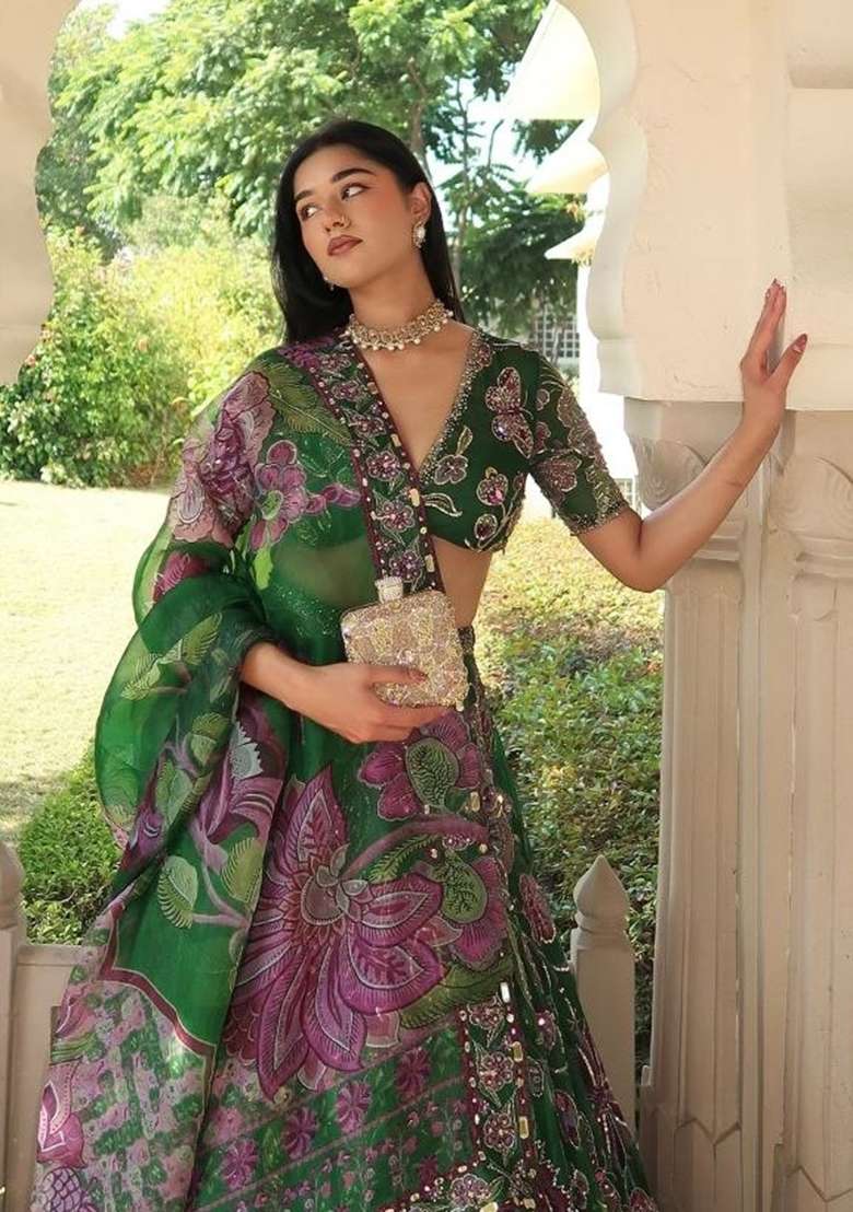 Green Silk Blend Lehenga Set with Embroidered for Diwali | Wedding & Festive Wear - Indya