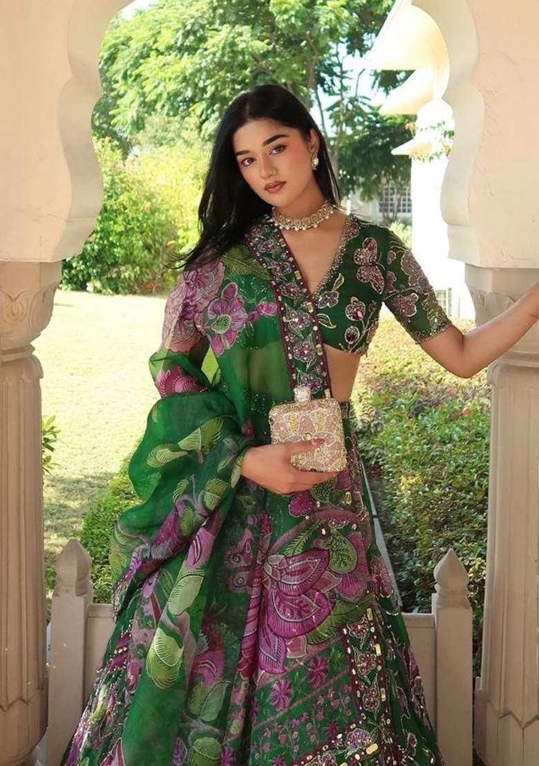 Green Silk Blend Lehenga Set with Embroidered for Diwali | Wedding & Festive Wear - Indya