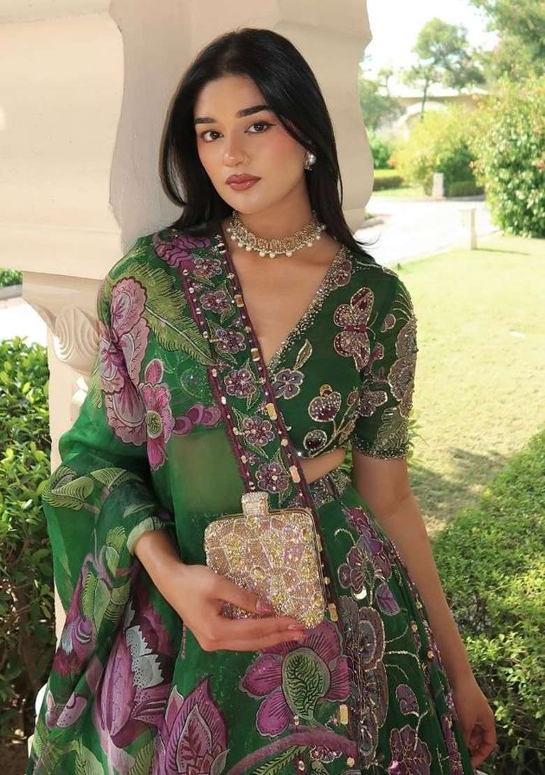 Green Silk Blend Lehenga Set with Embroidered for Diwali | Wedding & Festive Wear - Indya