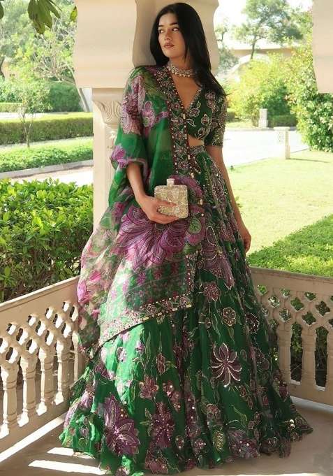 Green Silk Blend Lehenga Set with Embroidered for Diwali | Wedding & Festive Wear