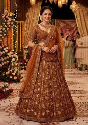 Mustard Embroidered Net Lehenga Set