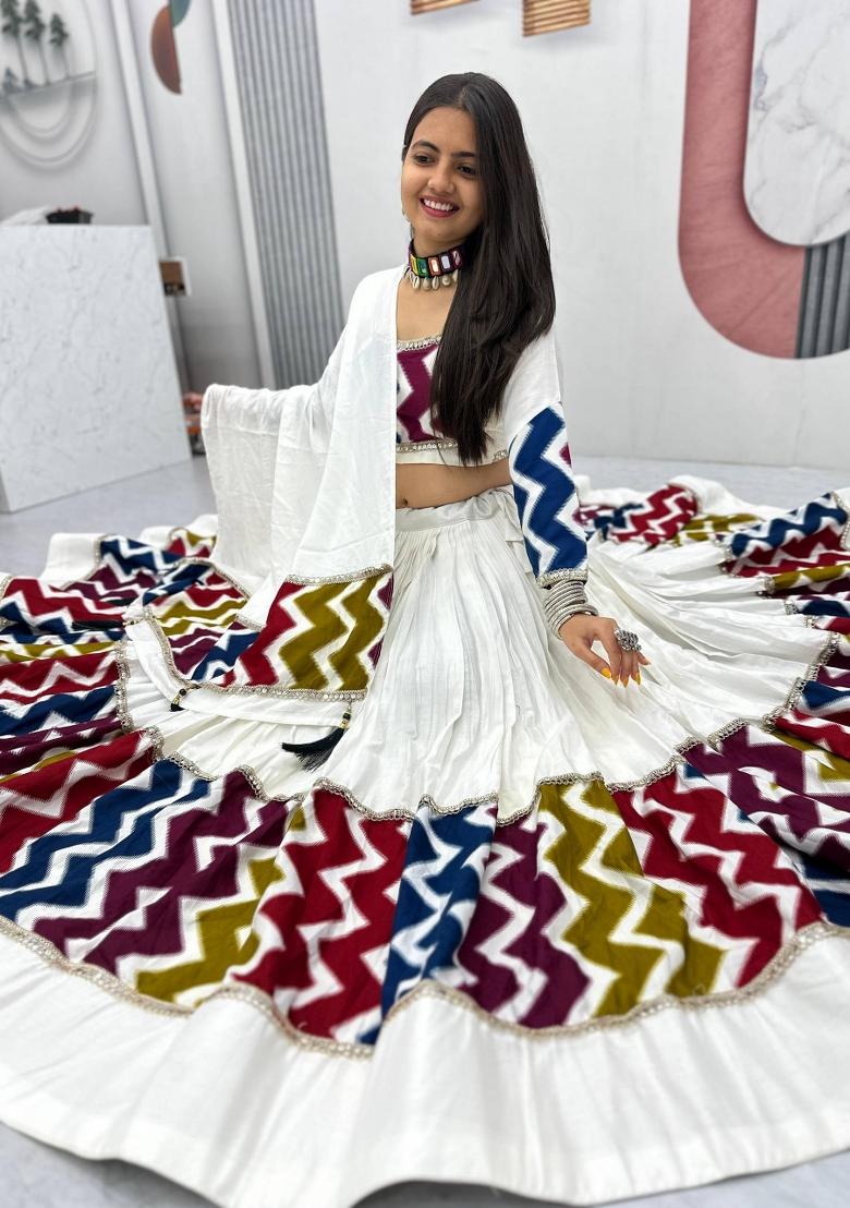 White Embroidered Cotton Lehenga Set - Indya