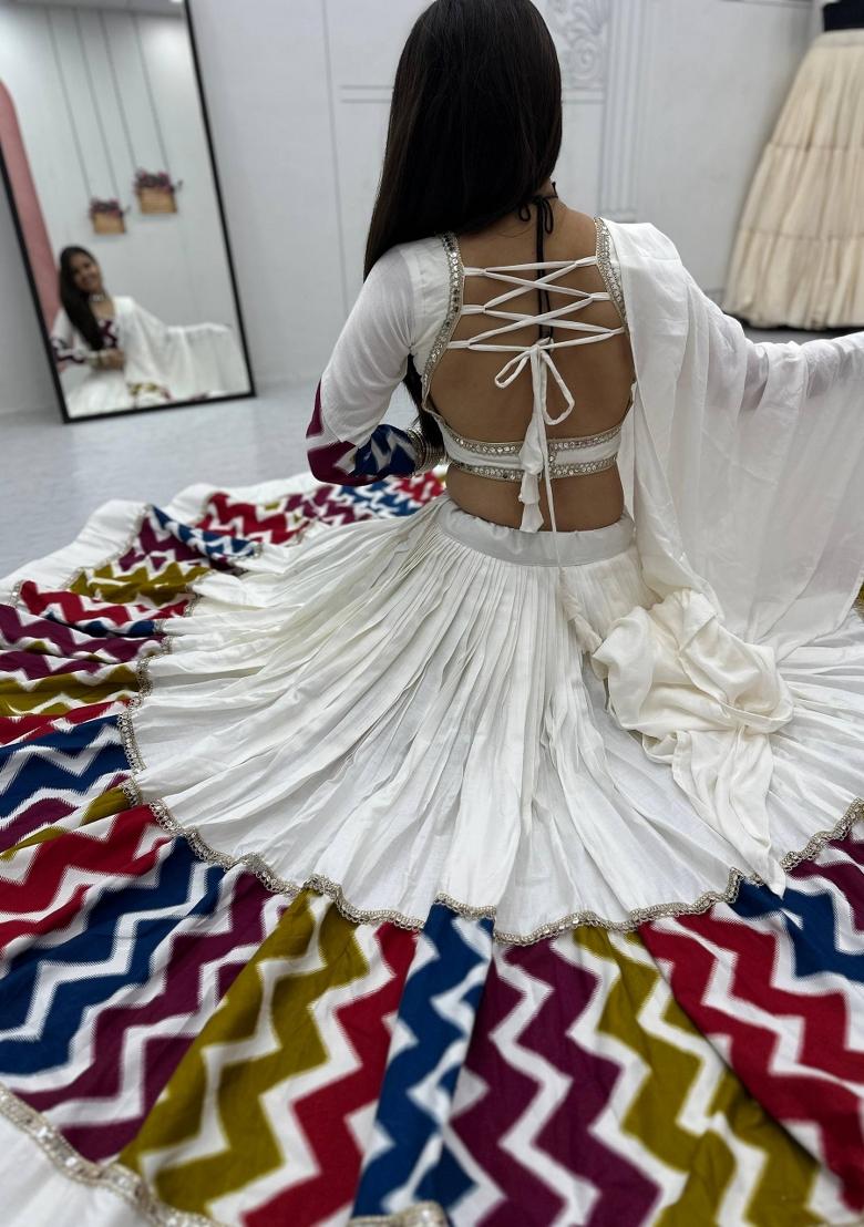 White Embroidered Cotton Lehenga Set - Indya