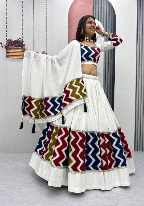 White Embroidered Cotton Lehenga Set