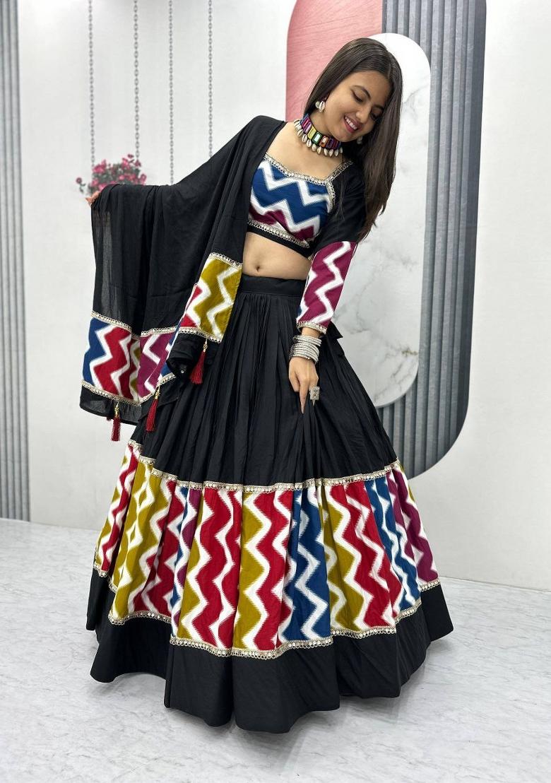Black Embroidered Cotton Lehenga Set - Indya