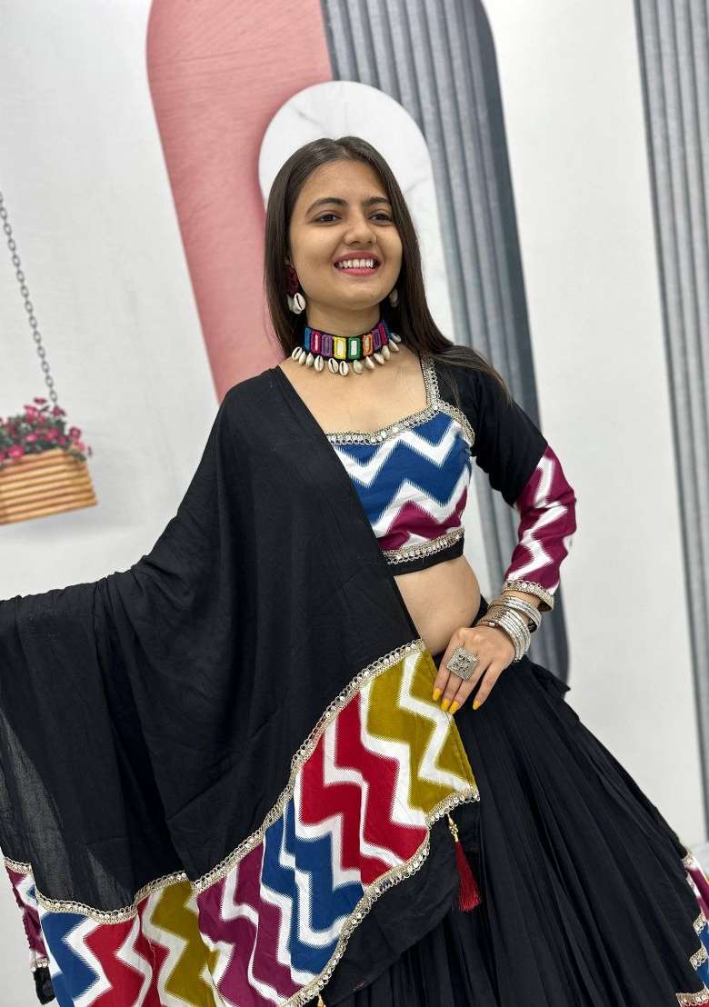 Black Embroidered Cotton Lehenga Set - Indya