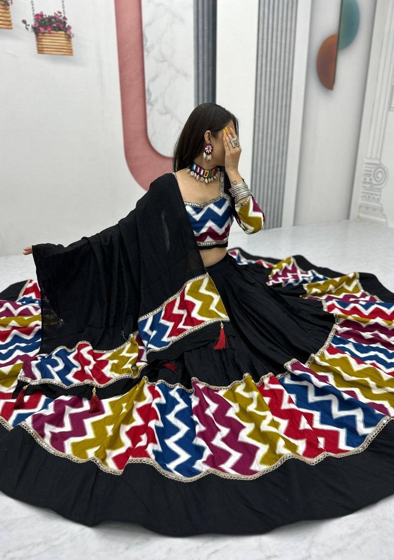 Black Embroidered Cotton Lehenga Set - Indya