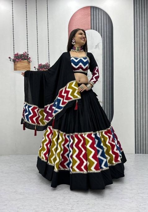 Black Embroidered Cotton Lehenga Set