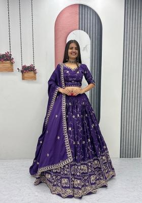 Purple Embroidered Silk Blend Lehenga Set