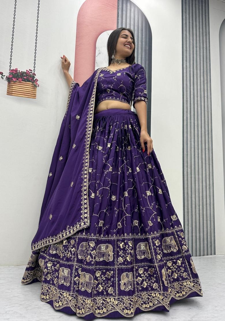 Purple Embroidered Silk Blend Lehenga Set - Indya