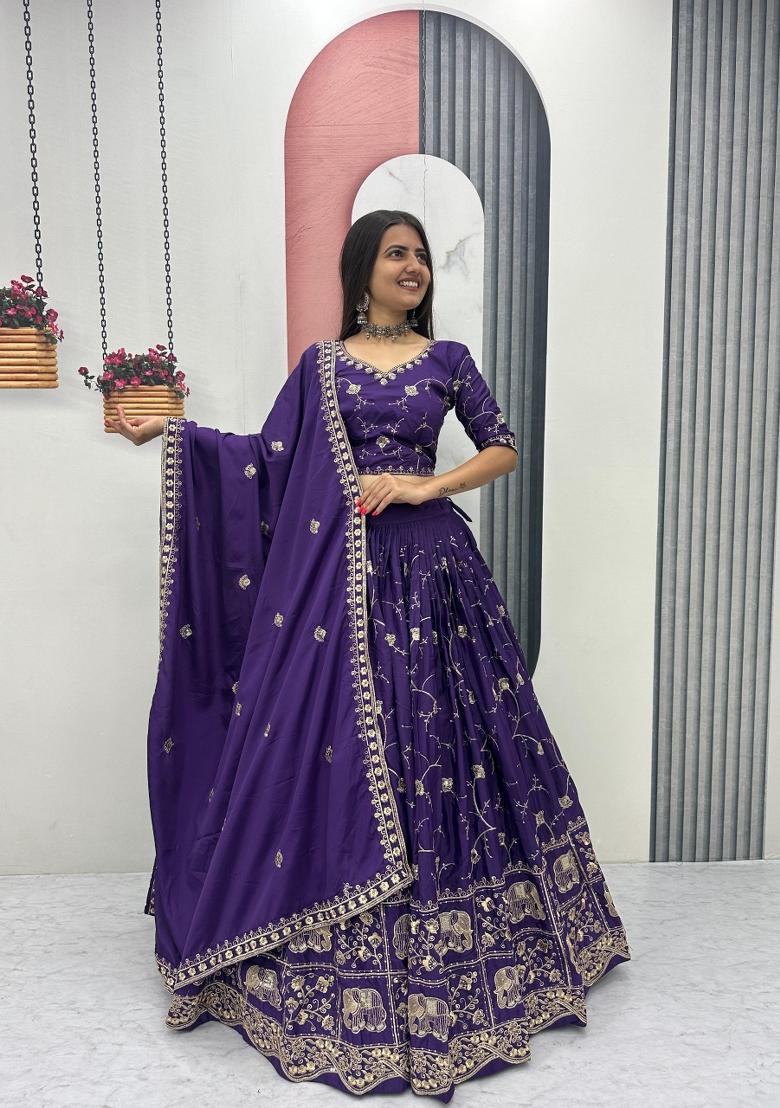 Purple Embroidered Silk Blend Lehenga Set - Indya