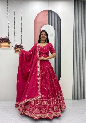 Magenta Embroidered Silk Blend Lehenga Set