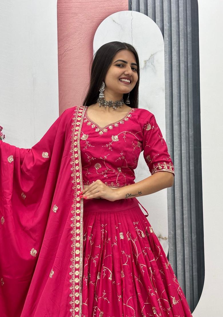 Magenta Embroidered Silk Blend Lehenga Set - Indya
