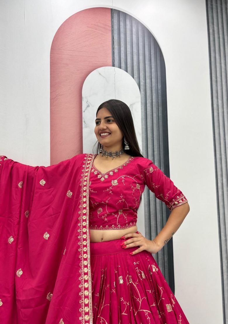 Magenta Embroidered Silk Blend Lehenga Set - Indya
