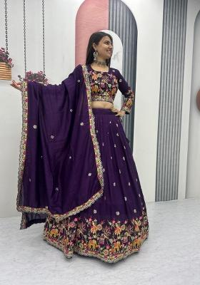 Purple Embroidered Chinon Lehenga Set