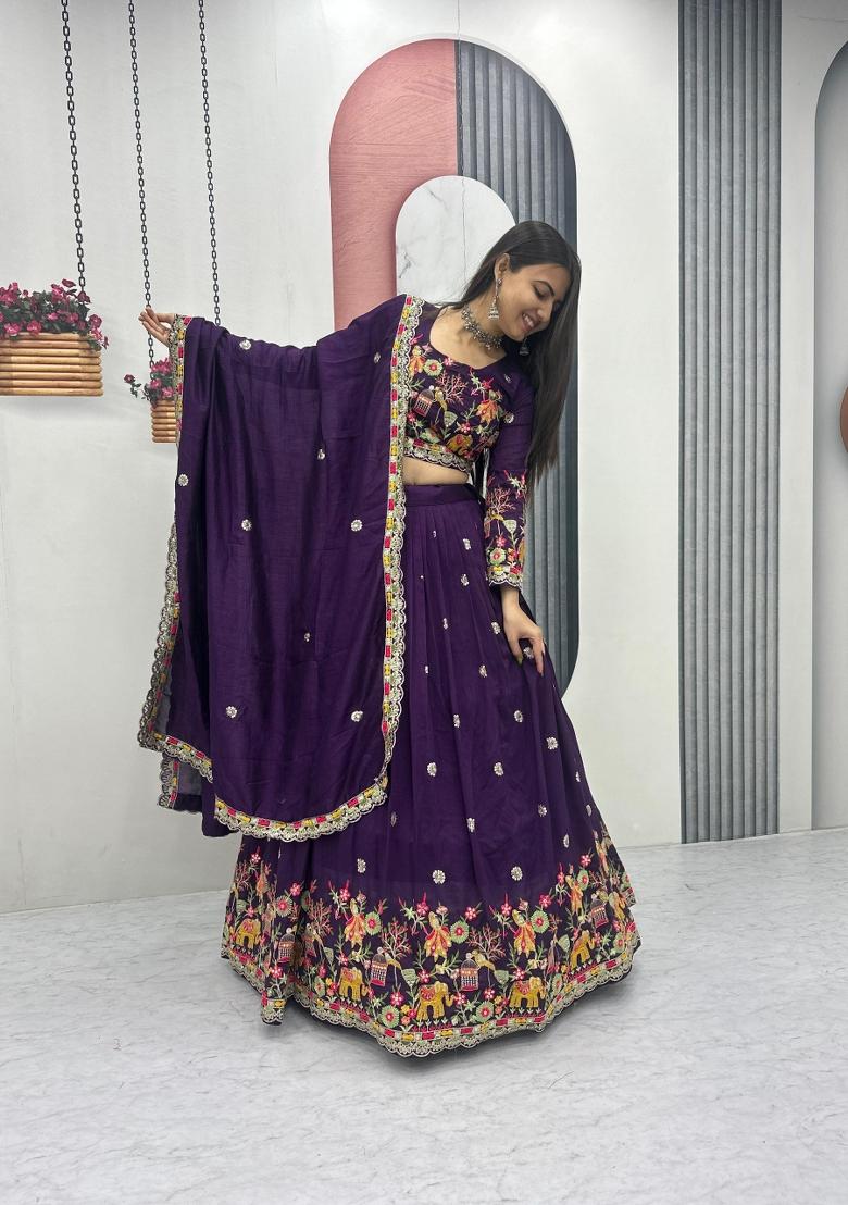 Purple Embroidered Chinon Lehenga Set - Indya