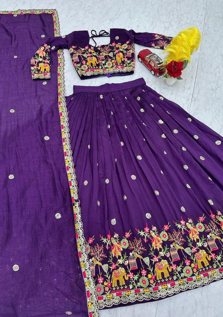 Purple Embroidered Chinon Lehenga Set - Indya