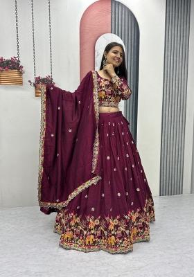 Wine Embroidered Chinon Lehenga Set