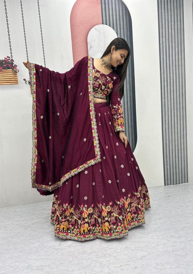 Wine Embroidered Chinon Lehenga Set - Indya