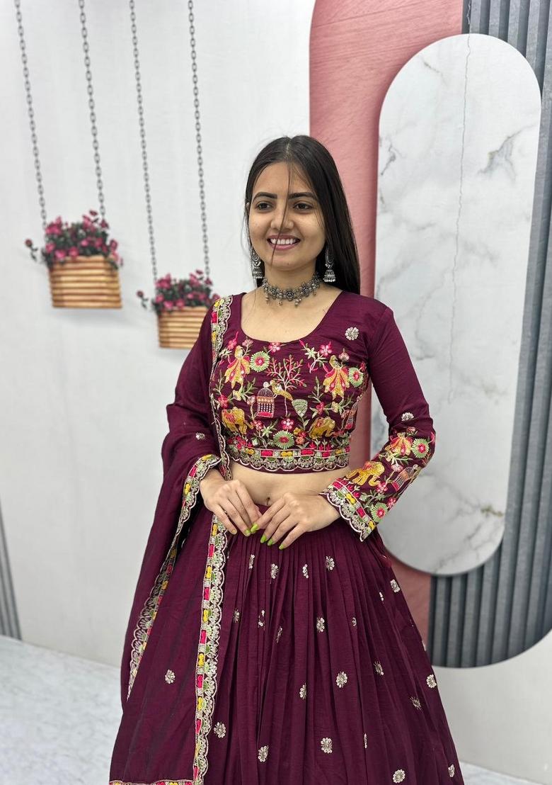 Wine Embroidered Chinon Lehenga Set - Indya