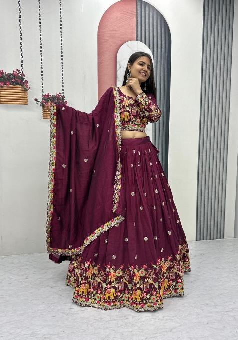 Wine Embroidered Chinon Lehenga Set